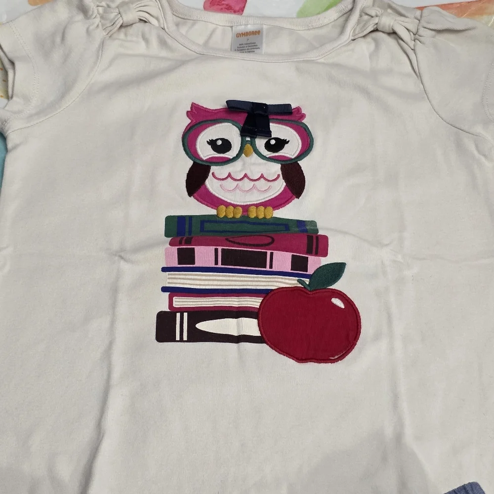 Girls Gymboree Classroom Pink Owl Books & Blue Chambray Skort Outfit Set Size 7